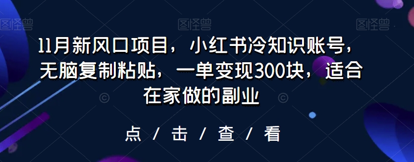 11月新风口项目，小红书冷知识账号，无脑复制粘贴，一单变现300块，适合在家做的副业