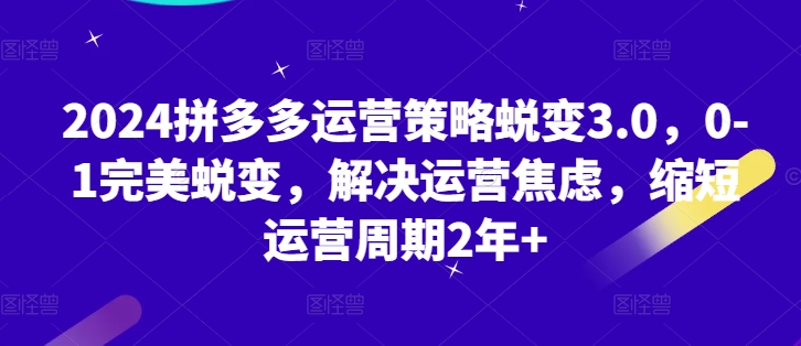 2024拼多多运营对策成长3.0，0-1华丽蜕变，处理经营焦虑情绪，减少运营周期2年