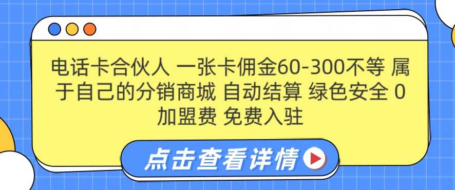 手机卡合作伙伴，一张卡提成60-300不一，0加盟费用， 构建属于自己分销商城系统，全自动清算